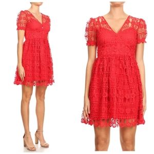 INA Sophisticated Chic Hot Red Crochet Overlay Short Dress